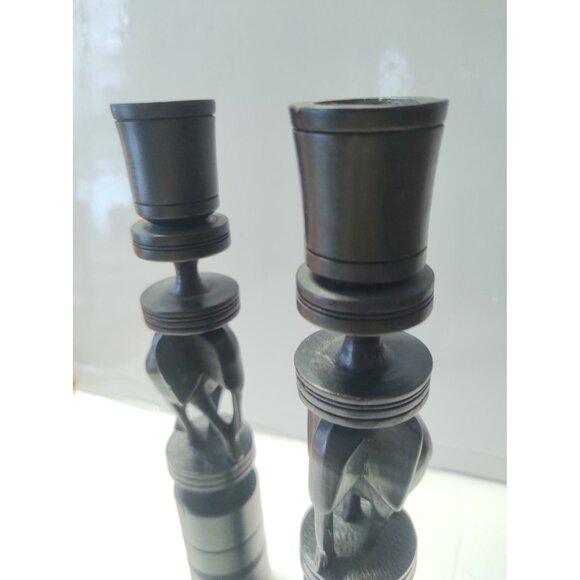 Ebony Wood Carved Elephant Candle Holders set of two 9 1/2" tall - Picture 6 of 13